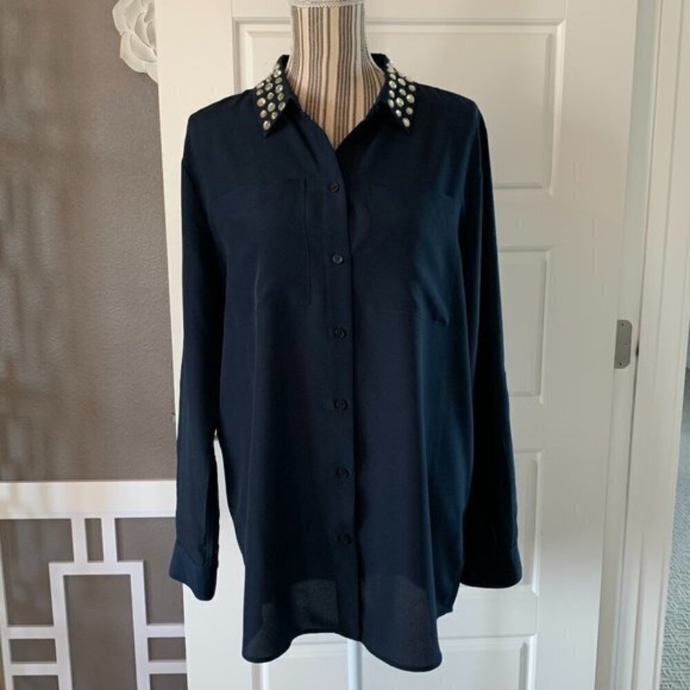 Michael Kors Jeweled Neck Button Down Top